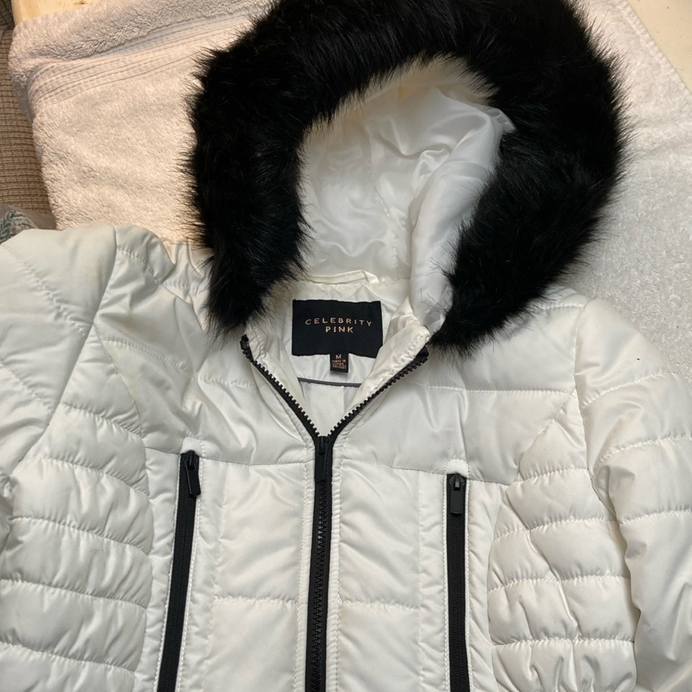 Celebrity Pink White and Black Puffer Jacket with Faux Fur Hood